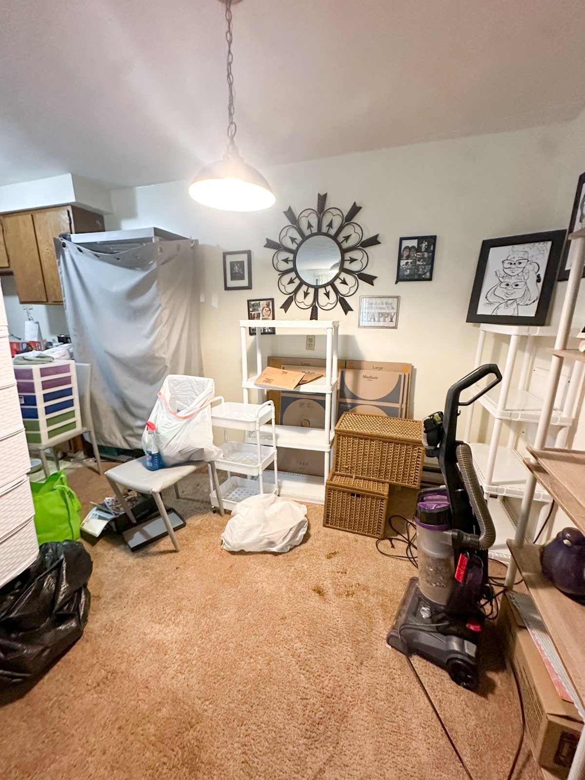 A cluttered dining area in Vestal, New York, before Decluttering Chaos organizing services, showing miscellaneous items, furniture, and home goods awaiting sorting and decluttering
